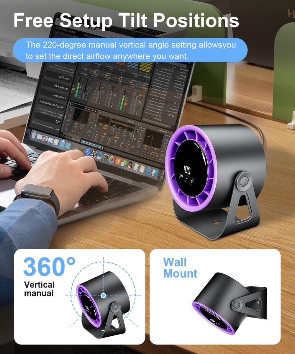 RFWR® Draadloze Oplaadbare Bureauventilator met USB, 4 Snelheden en 360° Draaibaarheid – Compacte Ventilator voor Kantoor, Slaapkamer en Camping — afbeelding 1