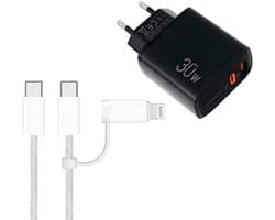 30W USB-C + USB-A Snellader - Oplader Adapter met PD3.0, PPS, QC3.0 - Incl. USB-C naar USB-C + 8-Pin kabel - Geschikt voor iPhone en iPad - zwart