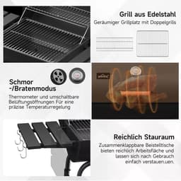 BORVAT® - Houtskool BBQ - Smoker Barbecue - met Thermometer, - Zijpanelen - Zwart — thumbnail 5