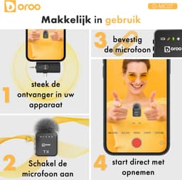 Doroo® Professioneel Draadloze Microfoon - 2 Stuks - Lavalier - Windshields - Extra Lange Batterij - Dasspeld - Professioneel audio geluid - USB-C/Lightning/AUX-draadloze microfoon iphone-Android -Plug & Play - twee jaar garantie — thumbnail 5