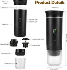 Draagbaar Koffiezetapparaat - Geschikt Voor Onderweg - Draagbare Reis Espressomachine - Oplaadbaar - 12v Oplaadbare Espressomachinemet Voor Kamperen En Auto - Draagbare Koffiemachine - Zwart — thumbnail 5