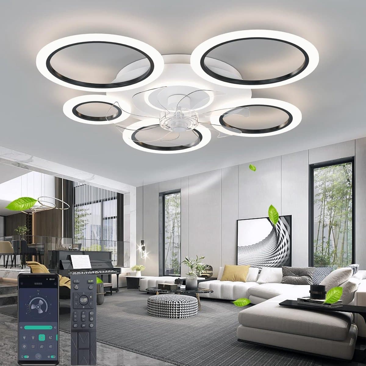 6 Ringen Plafondventilator - Zwart - 6 Snelheden - Dimbaar Met Afstandsbediening en APP - Chandelier Fan - Zomer/Winter - Woonkamer Lamp - 90 cm — afbeelding 1