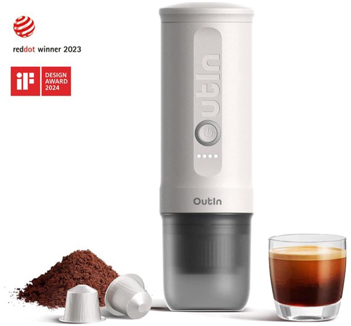 Outin - Draagbare Elektrische Espressomachine | Koffiezet apparaat voor Onderweg | Capsules & Gemalen Koffie | Portable Espresso Machine | Snelle Waterverwarming | 20 bar | Draagbare Koffiemachine | Reis & Camping Koffiezetapparaat | 12 volt — afbeelding 1
