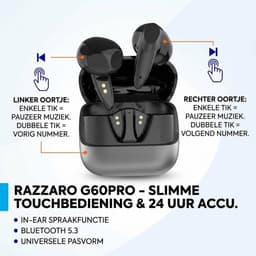 Razzaro draadloze Oordopjes - Bluetooth oordopjes - Earpods - Oortjes draadloos - Bluetooth 5.3 - Geschikt voor Smartphone & Laptop - Zwart - G60 Pro — thumbnail 4