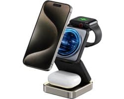 AIFANTY 3-in-1 Magnetische Draadloze Oplader – Opvouwbare Aluminium 15W snellader draadloos voor Smartphone, Smartwatch & Oordopjes | Draagbaar voor Reizen | Wireless charger | Zwart