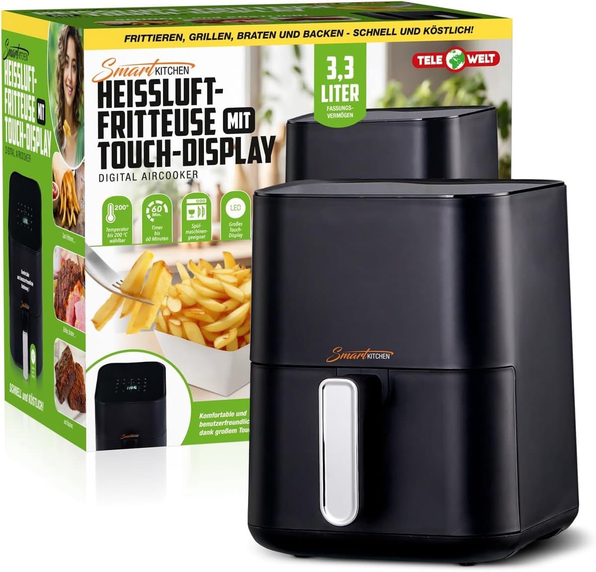 Smart Kitchen Heteluchtfriteuse 3.3L Kleine Airfryer voor Compacte Keukens – Mini Aircooker met LED Touch Display, 9 Programma’s, Automatische Uitschakeling | Gezond Frituren met 90% Minder Olie Airfryer Klein & Elektrisch met Kajal Sticker — afbeelding 1
