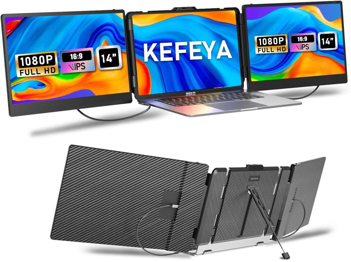 KEFEYA S2 drievoudige laptopschermverlenger, 14-inch drievoudige laptopschermverlenger, 1080P FHD draagbare monitor voor 13- tot 17,3-inch laptops, HDMI/USB-A/USB-C voor Mac, Windows, Chrome en Switch, plug-and-play — afbeelding 1