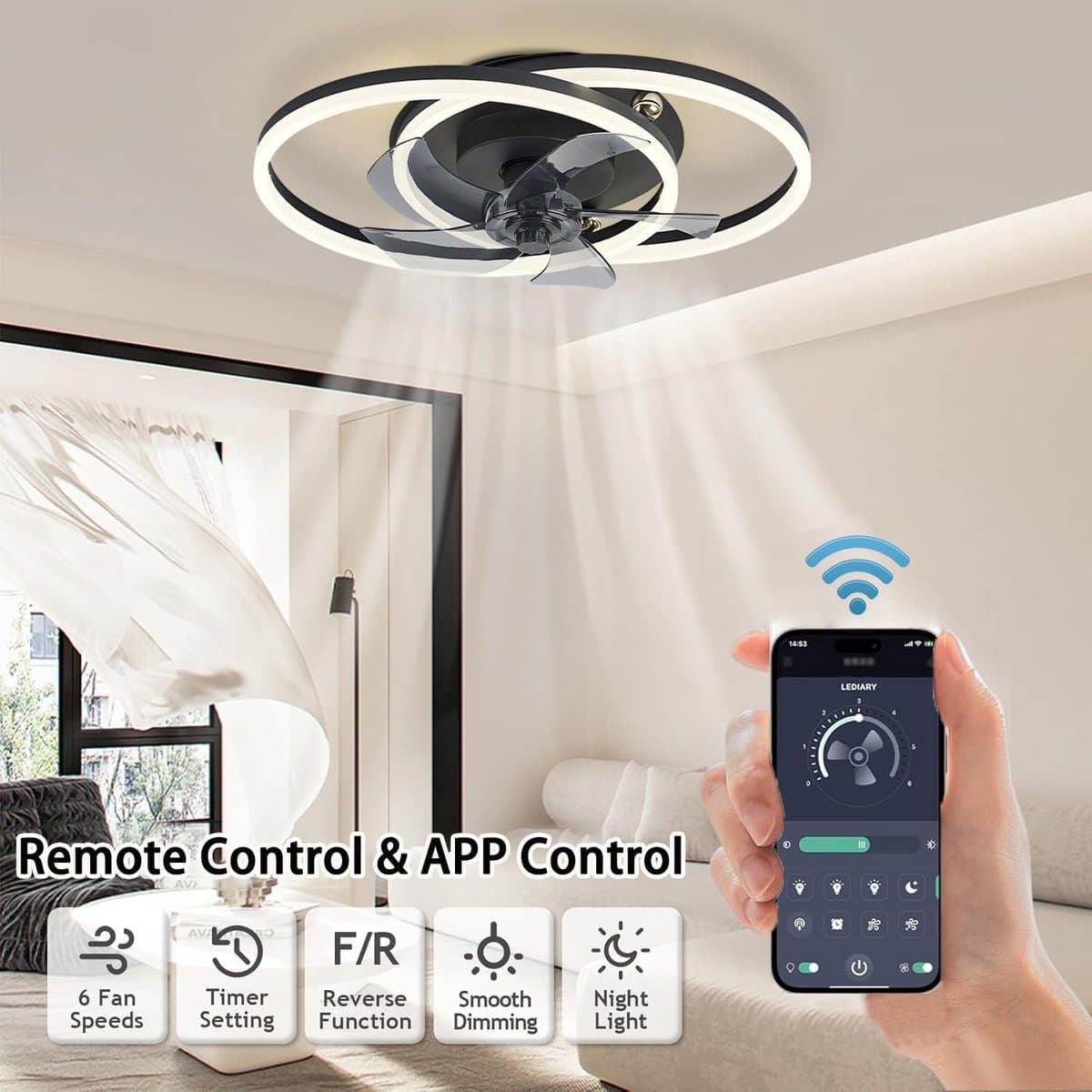 Moderne LED Plafondventilator met Verlichting 50CM - Stille Ventilator, Dimbaar Licht en Afstandsbediening/App — afbeelding 1