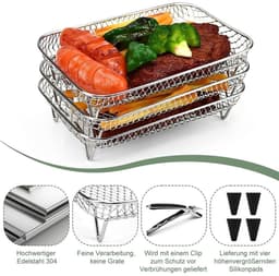 Accessoireset voor airfryer, gemaakt van roestvrij staal – drielaags metalen rooster, geschikt voor airfryers, te gebruiken als uitlek- en grillrooster, voedselveilig en duurzaam. — thumbnail 6