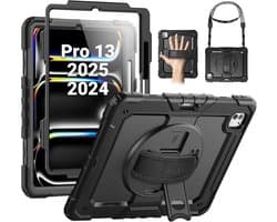 Schokbestendige Hoes voor iPad Pro 13-inch 2024 - 360° Draaibaar met Handriem, Standaard, Schermbeschermer, Pennenhouder, en Schouderband - Zwart