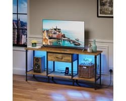 TV Meubel met Stopcontacten en USB-poorten, LED Verlichting en Lade, Rustiek Bruin