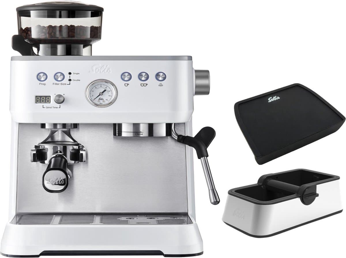 Solis Grind & Infuse Perfetta Pistonmachine Bundel - Espressomachine inclusief Uitklopbak en Tampingmat - Wit — afbeelding 1