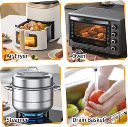 Set van 3 stapelbare manden voor airfryer met 2 tangen - Roestvrij Stalen Rekken voor Luchtfriteuse — thumbnail 4