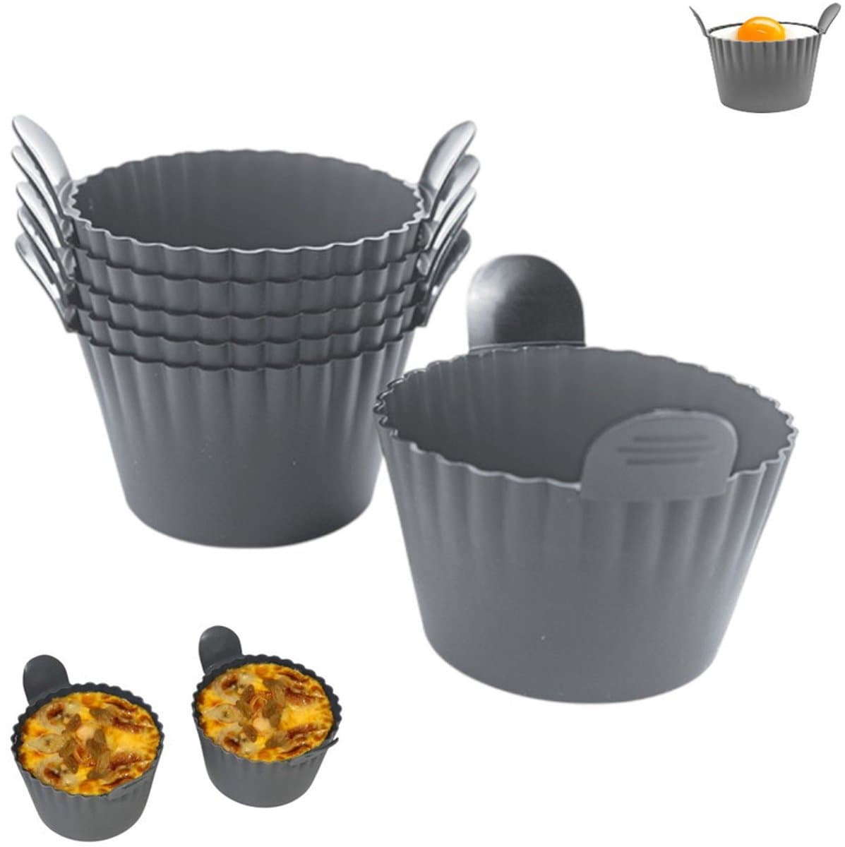 6 stuks - Siliconen eierdopjes voor cakevormpjes - Siliconen eierdopjes - Siliconen bakvormpjes - Airfryer eivorm - Airfryer accessoires - grijs - oor eieren, cupcakes, muffins, puddingen, eierpasteitjes — afbeelding 1