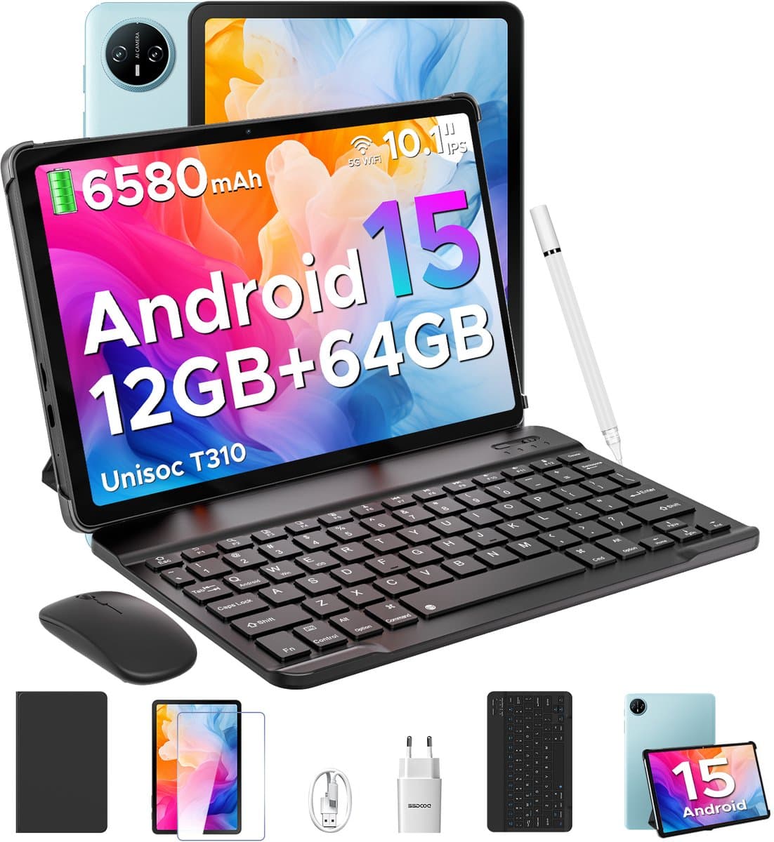 DOOGEE TAB A9 VIP - Tablet - 9 GB RAM + 64 GB ROM (2TB/TF) - 10,1" HD IPS - Android 15 - 6580 mAh - 5G WiFi - Face ID - met toetsenbord en stylus - dubbele luidspreker - Blauw — afbeelding 1