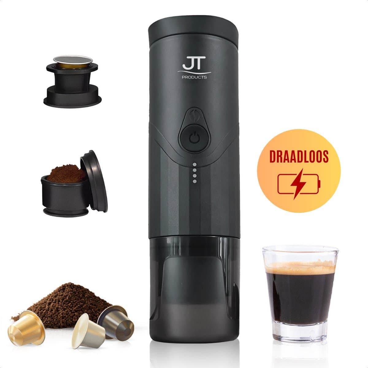 JT Products Draagbare 2 In 1 Espressomachine Zwart - Oplaadbaar - Capsules En Gemalen Koffie - Warmt Op - Koffiemaker - Nespresso - Draagbare Koffiemachine - Reis En Camping Koffiezetapparaat - Maatje — afbeelding 1