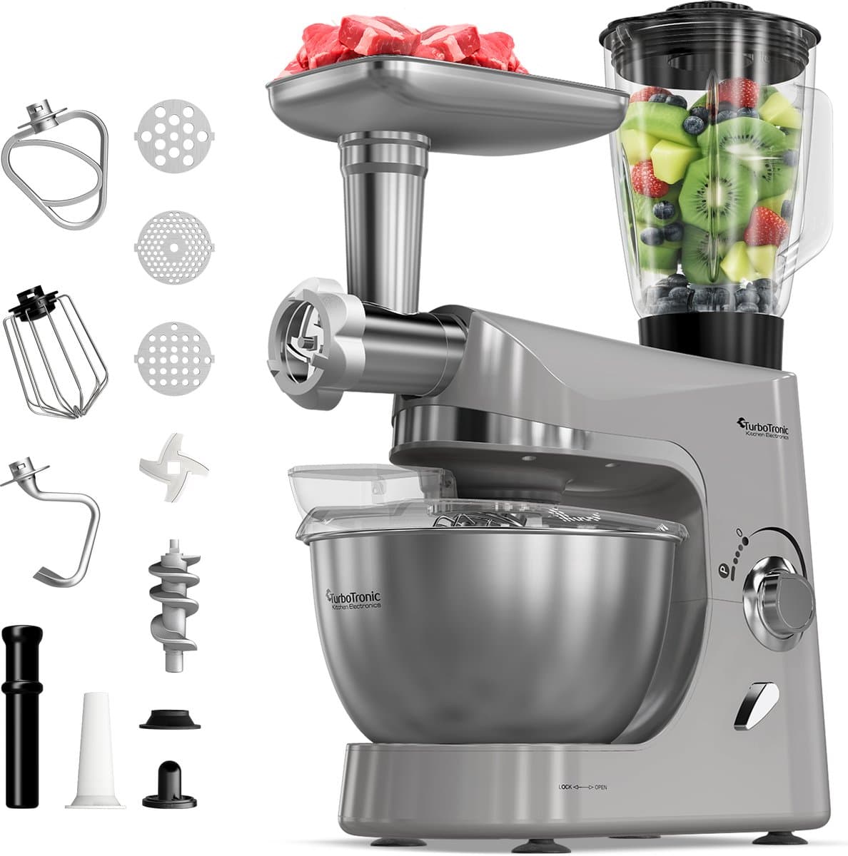 TurboTronic TT-007 / Keukenmachine - Staande Keukenmixer- keukenrobot -Foodprocessor - 5 Liter - 2000W - Zilver — afbeelding 1