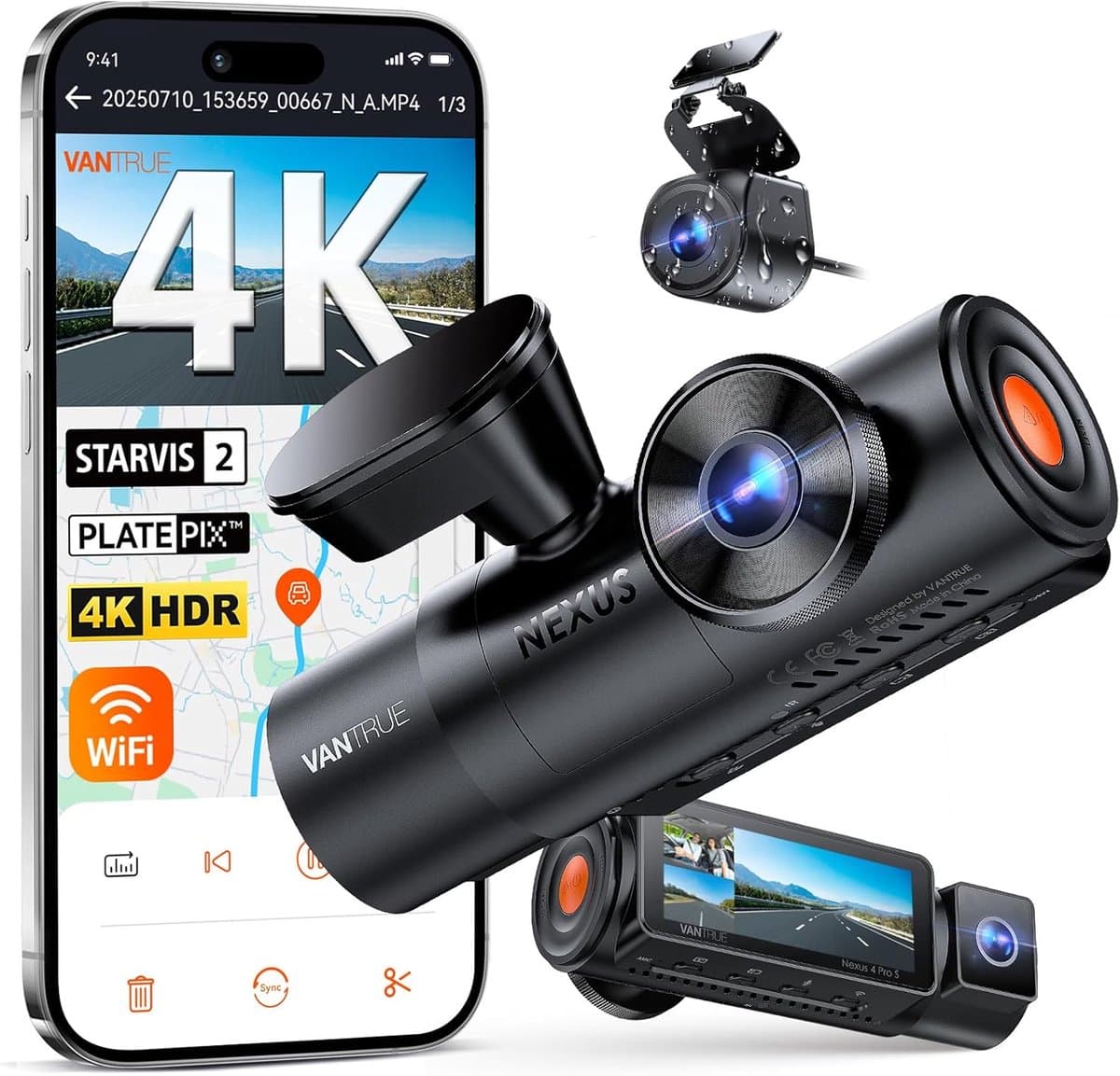 VANTRUE N4 Pro S 4K dashcam voor de auto, 3-kanaals 4K + 1080P + 1440P met GPS, parkeerbewaking 24 uur, spraakbediening, IR-nachtzicht, LTE — afbeelding 1