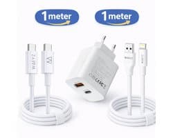 WAEYZ Oplader Adapter Set Snellader 20W 2 Poorten + USB C Kabel en USB A Kabel met Compatible Lightning aansluiting Geschikt voor iPad en iPhone - 1 Meter