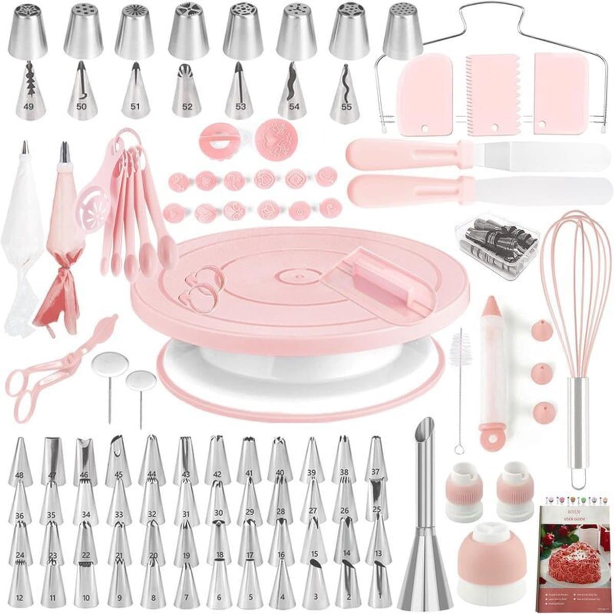 Roze set (totaal 137 stuks) Taartdraaiplateau, Taartdecoratie, Spuitmondjes, Spuitzakken, Taartdraaiplateauset — afbeelding 1