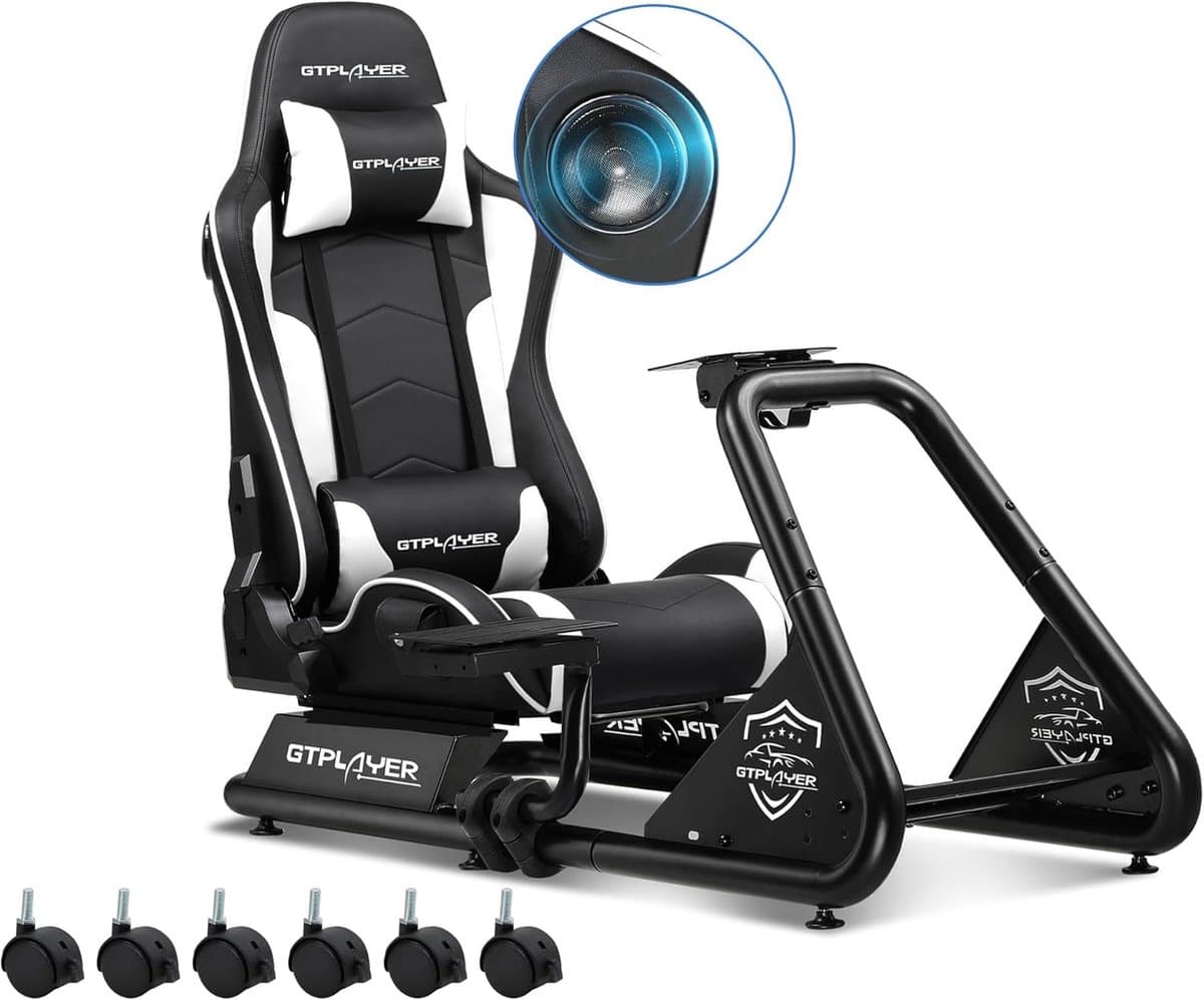 GTPLAYER - Simulator Cockpit - Met Luidsprekers en Stuurwiel Steun - Wit — afbeelding 1