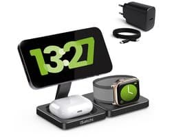 iSetchi 3-in-1 Power Base – Draadloze Oplader 15 W – Opvouwbaar & Lichtgewicht – Qi Oplaadstation – Inclusief Kabel – Compatibel met Smartphone, Smartwatch & Oordopjes