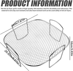 Heteluchtfriteuse, grillrooster, accessoires voor heteluchtfriteuse: 20 x 20,5 x 10 cm, 304 roestvrij staal, vierkante airfryer-accessoires Geschikt voor Cosori heteluchtfriteuse, 5,5 l XXL / 6,4 l — thumbnail 6