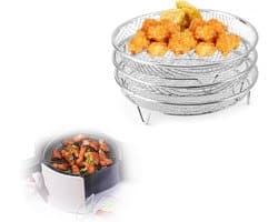 3 stuks ronde Airfryer Mand van roestvrij staal - Antiaanbaklaag voor eenvoudig schoonmaken - Rond grillrooster - Bakplaat - 20,5 * 20,5 * 8,5 cm - Geschikt voor Airfryers en ovens van 4,2-5,8 liter-zilver