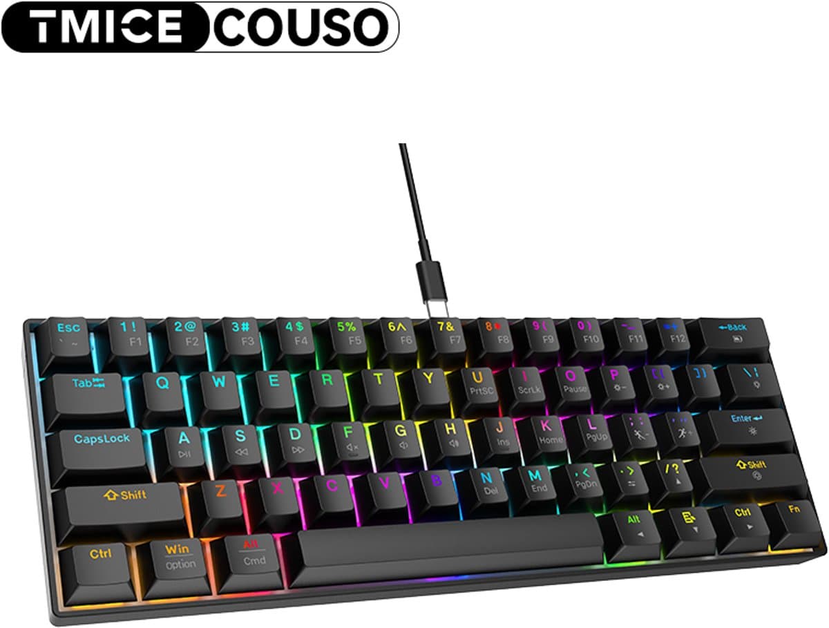 TMICE CX23 – 60% Mechanical Keyboard – Blue Switch – RGB Backlight – Zwart Mechanisch Gaming Toetsenbord – Compact Wired Type-C – 61 Keys – Anti-Ghosting – Ergonomic Design — afbeelding 1