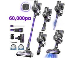 Grenintol 6-in-1 Steelstofzuiger Draadloos – Steelstofzuiger – 60.000 Pa–2500 mAh Accu – Draadloze Stofzuiger - Accu tot 60 Minuten – Stofzuiger Zonder Zak 1,2 L Stofbak – Stofzuiger Draadloos met LED Licht – Voor Tapijten en Harde Vloer – Paars