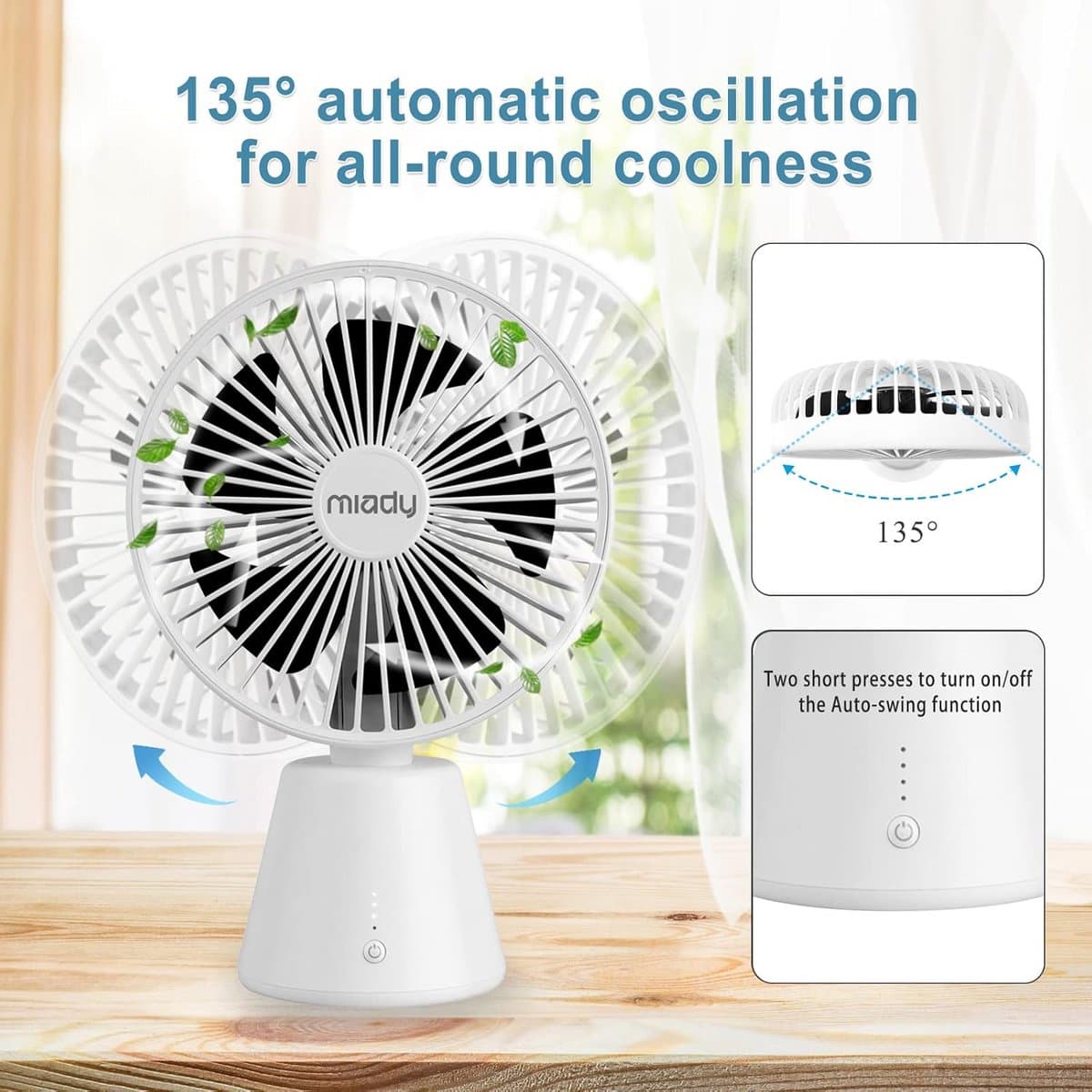 Stille Tafelventilator met 5000 mAh Accu - USB-Oplaadbare Ventilator met 135 Graden Oscillatie en 3 Snelheden voor Thuis en Kantoor - Wit — afbeelding 1