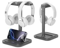 2-in-1 Desk Headphone Stand with Phone Holder - Rotating Non-Slip Organizer for All Headphone Sizes