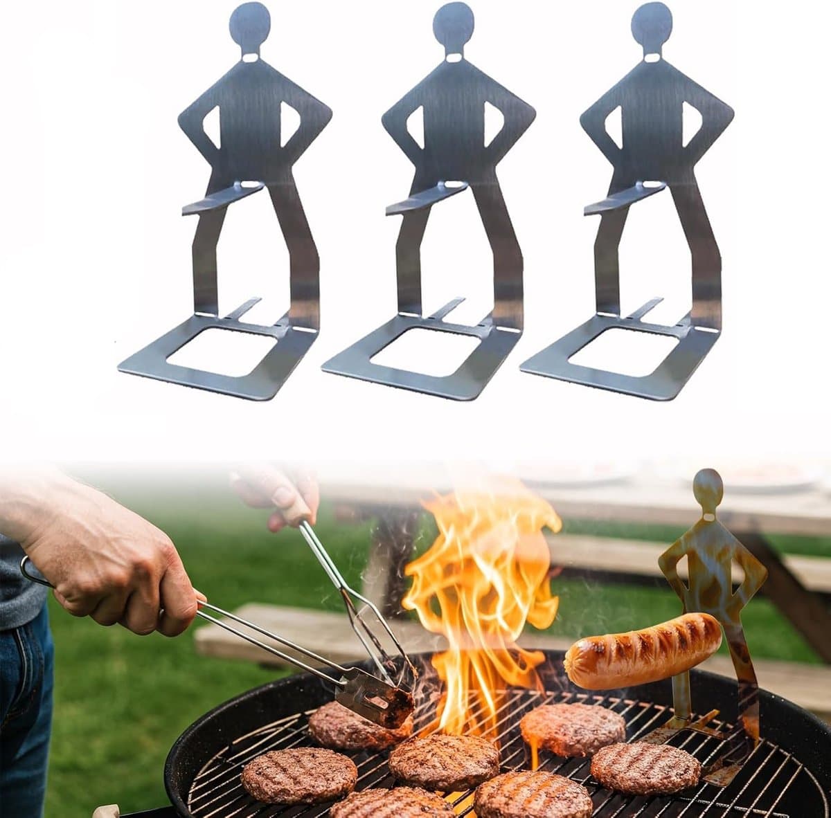 BBQ-worsthouder van Roestvrij Staal 3PCS - Staande Man Barbecuerek - Draagbaar -barbecueworsthouder van roestvrij staal, grappige barbecuevork voor kamperen, picknicken in de buitenlucht, tuin, keuken, grillcadeaus voor mannen — afbeelding 1