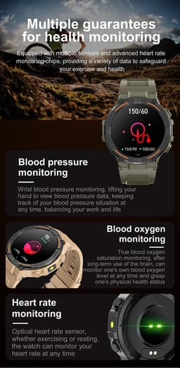 Knobbout 1.52"(3.8cm) LED Sport Smartwatch - Zijwaartse LED-verlichting- Bloeddrukmeting, hartslag monitoring en bloedzuurstof (SpO₂)-controle- Bluetooth belfunctie - Sedentaire herinnering-Sedentaire herinnering-Zwart stall+ siliconen horlogeband — thumbnail 2