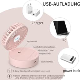 Draagbare Mini Ventilator met Koele Mist en Nachtlicht - USB Oplaadbare Ventilator met 3 Snelheden voor Vrouwen en Kinderen — thumbnail 5