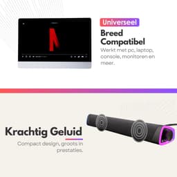 Bluetooth RGB Gaming Speaker Soundbar – 12W – Compacte USB Soundbar met AUX – RGB Wave Light – Luidspreker Voor PC & Monitor — thumbnail 2