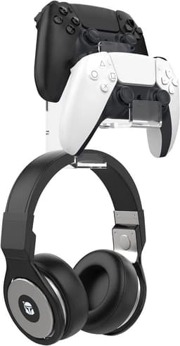 Dubbele Gamepad Houder en Headset Hanger voor Gamecontrollers - Wandmontage - Geschikt voor STEAM, PS3, PS4, PS5, pc - Universele Headset Stand - Transparant — thumbnail 1