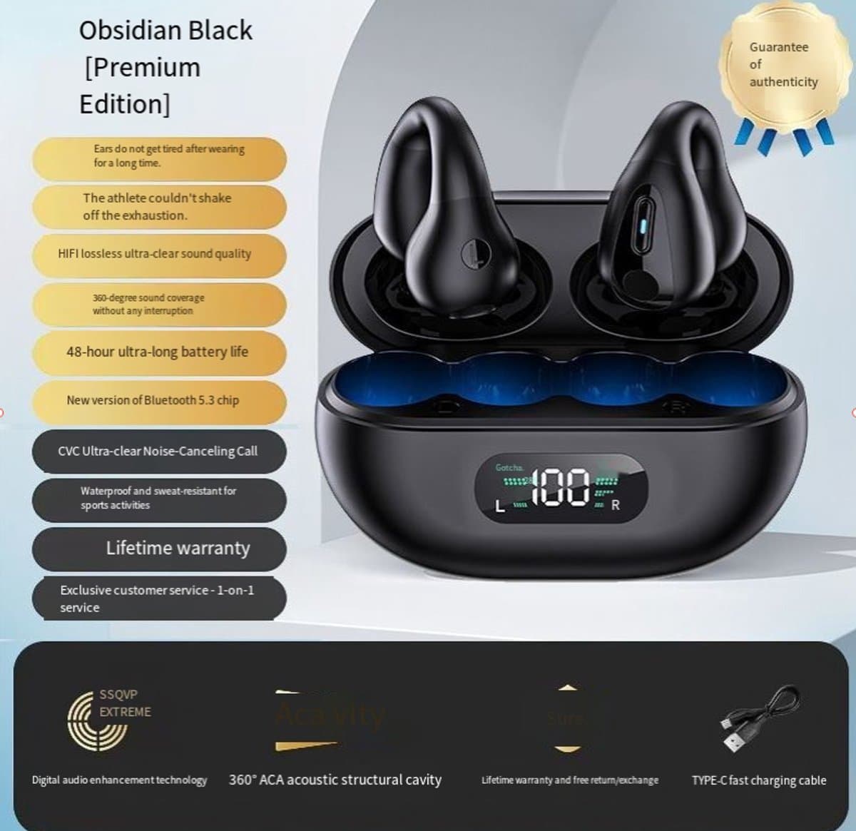 Draadloze open-back hoofdtelefoon met Bluetooth 5.2, zwart. — afbeelding 1