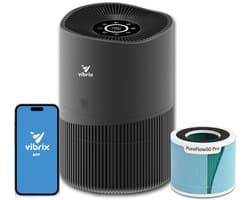 Vibrix PureFlow50 Pro Luchtreiniger / Air Purifier – HEPA H14 + koolstoffilter – 350 m³/u – Voor kamers tot ca. 50 m² – Ionisator – App-bediening – Zeer stil met slaapstand – Luchtkwaliteitindicator