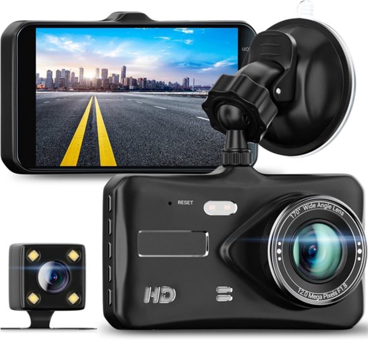 Dashcam - Dual Dashcam voor Auto - Voor en Achter - 1080P, 4-inch 2.5D IPS-schermFull HD - Parkeermodus - 170° wijdhoeklens Full HD-autocamera, nachtzicht, bewegingsdetectie en G-sensor — afbeelding 1