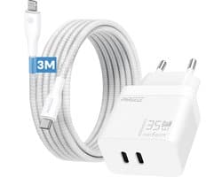 Phreeze usb C oplader met 3m kabel geschikt voor iPhone en iPad met Lightning kabel - Power Delivery snellader met 2 usb C poorten - GaN charger