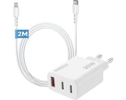 3 poorten usb stekker met kabel geschikt voor iPhone iPad met Lightning 2m wit snellader