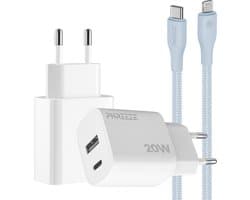 Phreeze usb C adapter 20 W blauw met kabel geschikt voor iPhone 15 14 13 en iPad met Lightning kabel - Power Delivery snellader met 2 poorten