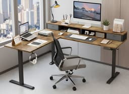 Elektrisch Staand Bureau L-Vormig met Laden 160x140 cm – In Hoogte Verstelbaar Hoekbureau met Opbergruimte, Ergonomisch Zit-Sta Bureau voor Thuiskantoor – Massief Bruin Hout & Stalen Frame – HomeByNicole — thumbnail 1
