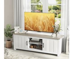 TV Meubel 145 cm – Modern Lowboard met 2 Deuren & Open Vakken – TV Kast voor Televisies tot 65 Inch – Wit & Grijs – House&Garden