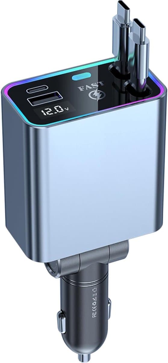 Intrekbare autolader 4-in-1 sigarettenaansteker USB C 66W telefoon snellader adapter met spanningsdisplay geschikt voor iPhone Galaxy Huawei voor 12V 24V Truck Campervan — afbeelding 1
