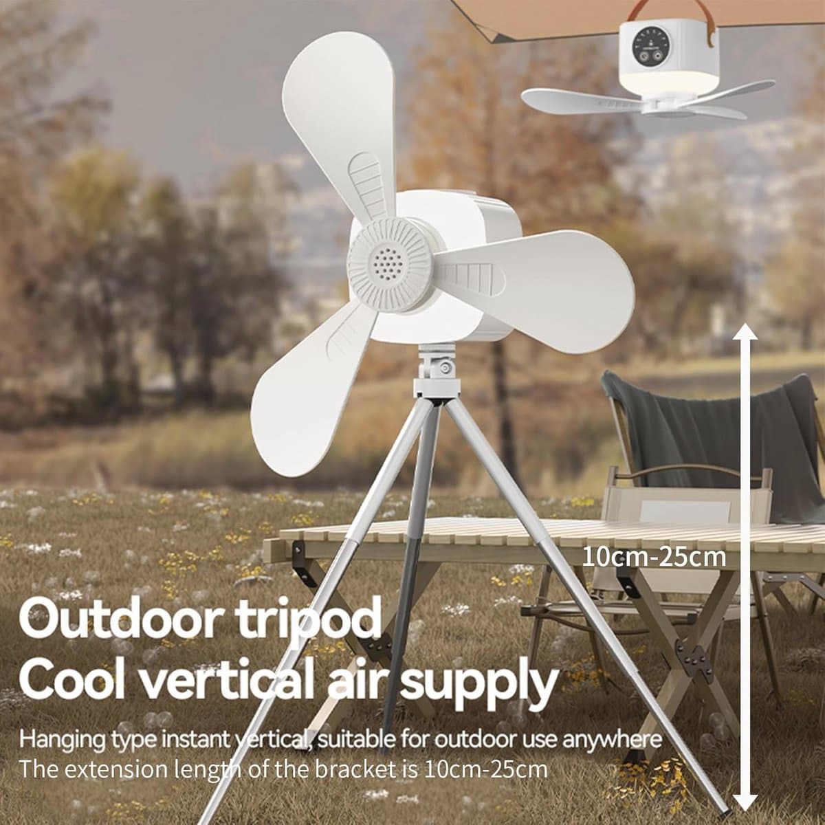Oplaadbare USB Campingventilator met LED Licht en Afstandsbediening - Tentventilator met Afneembare Bladen, Timer en Statief voor Buitenactiviteiten — afbeelding 1