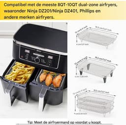 Grillrooster voor airfryer - Drielagig droogrek - Met klemmen en uitschuifbare poten - Rechthoekig grillrooster van roestvrij staal - Geschikt voor de Ninja airfryer met dubbele mand — thumbnail 7