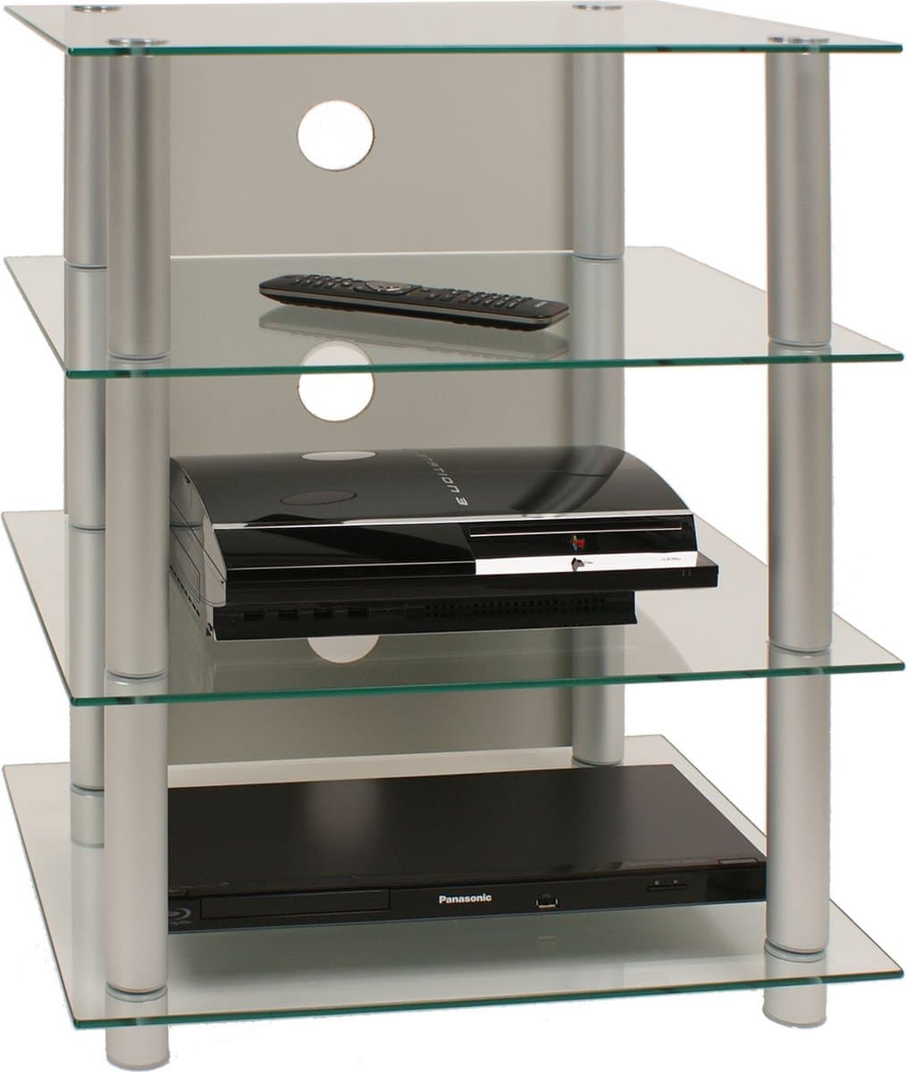 VCM hifi-kasten, platenspelerkast, stereokast, hifi-rekken, routerstandaard, hifi-rekken en -standaards, witte platenspelerstandaard, draaitafelstandaard met opbergruimte voor vinylplaten, platenspelermeubel, glazen tv-meubel, mediameubel — afbeelding 1