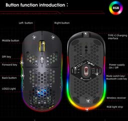 HXSJ T90 2.4G Draadloze Gaming Muis - Bluetooth - Computermuizen - Ultra licht - RGB Verlichting - Zwart — thumbnail 5
